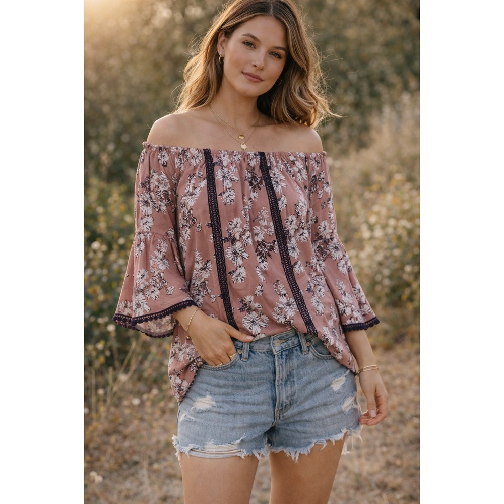 Tempted Hearts Womens XL Floral Off Shoulder Boho Blouse Mauve Crochet Feminine